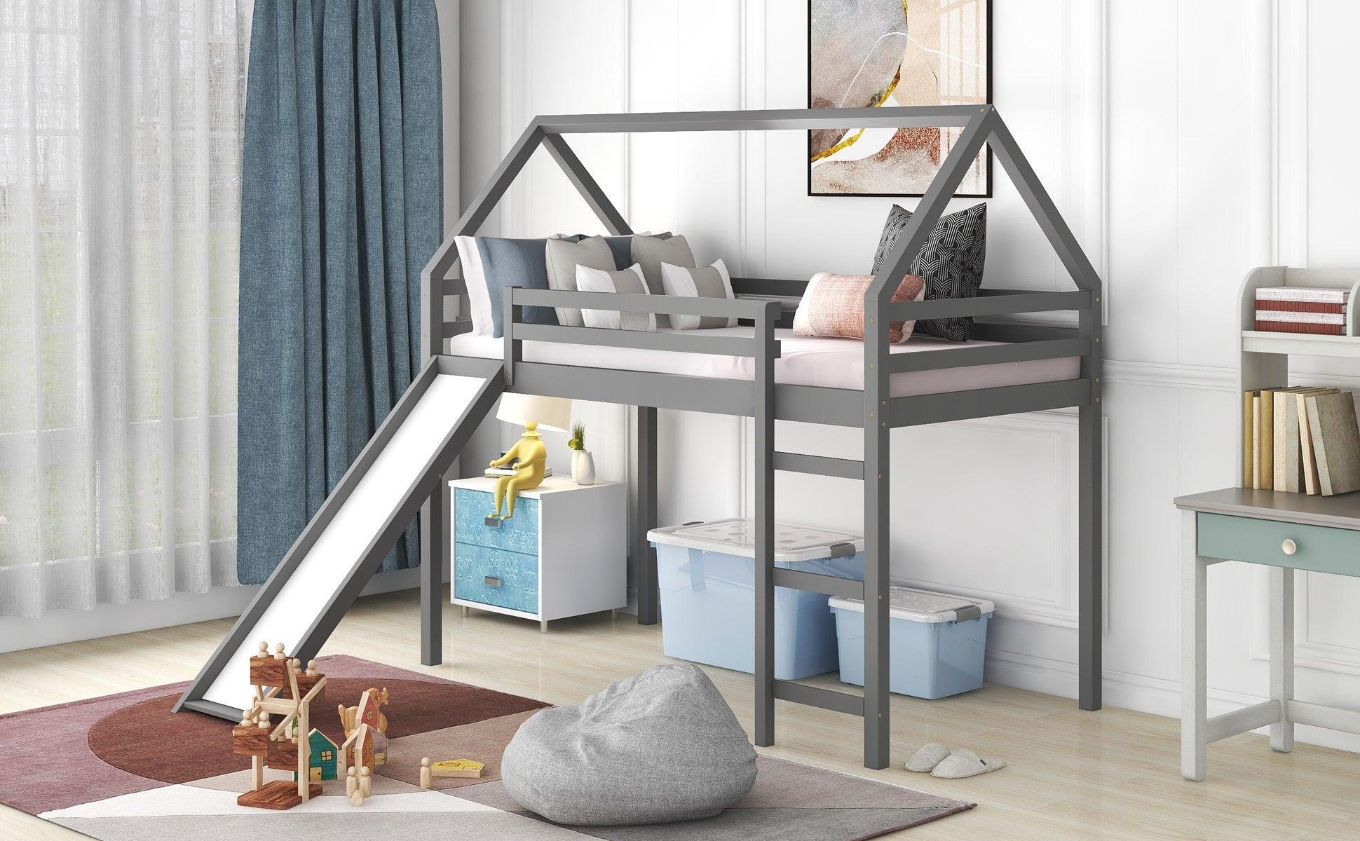 Gray Twin Size Slide House Loft Bed - FurniFindUSA