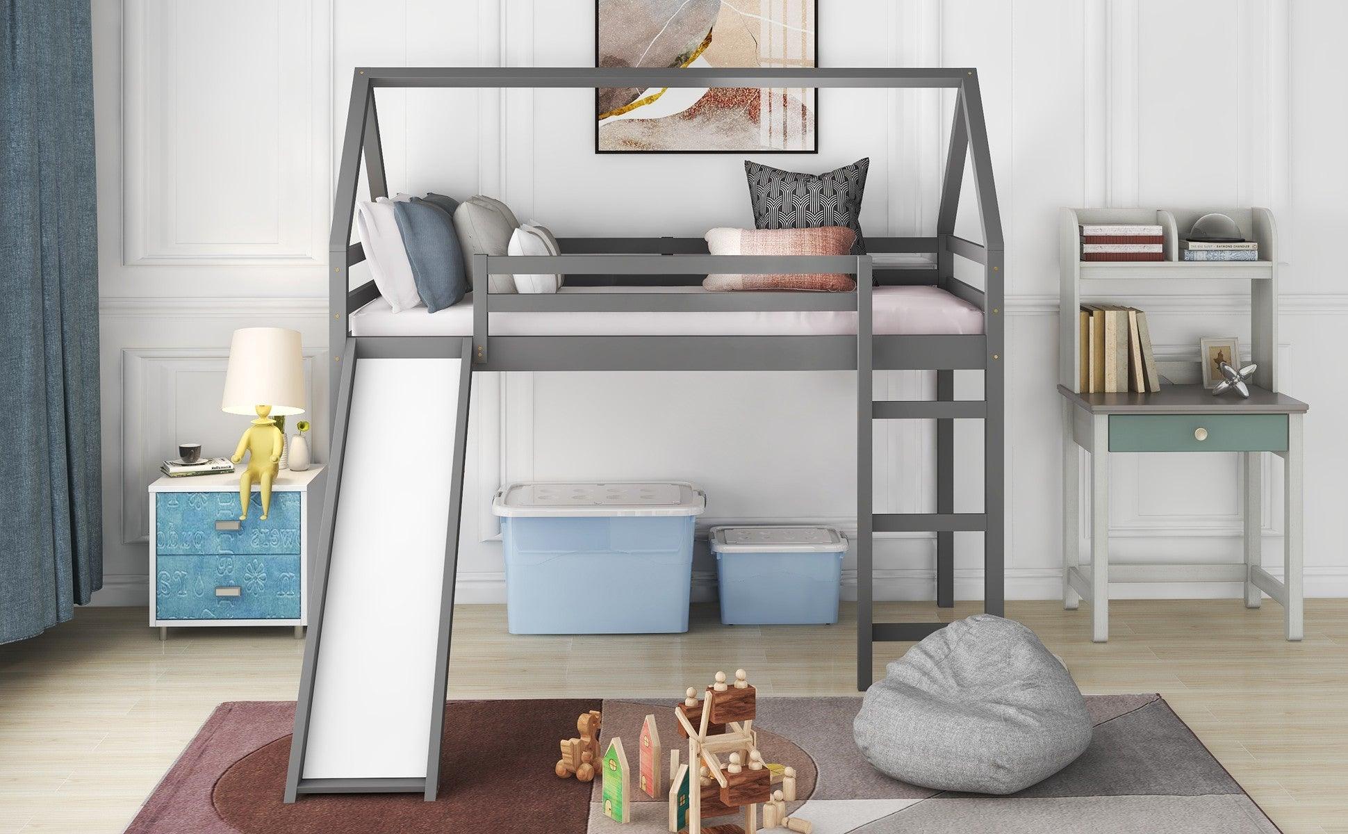 Gray Twin Size Slide House Loft Bed - FurniFindUSA