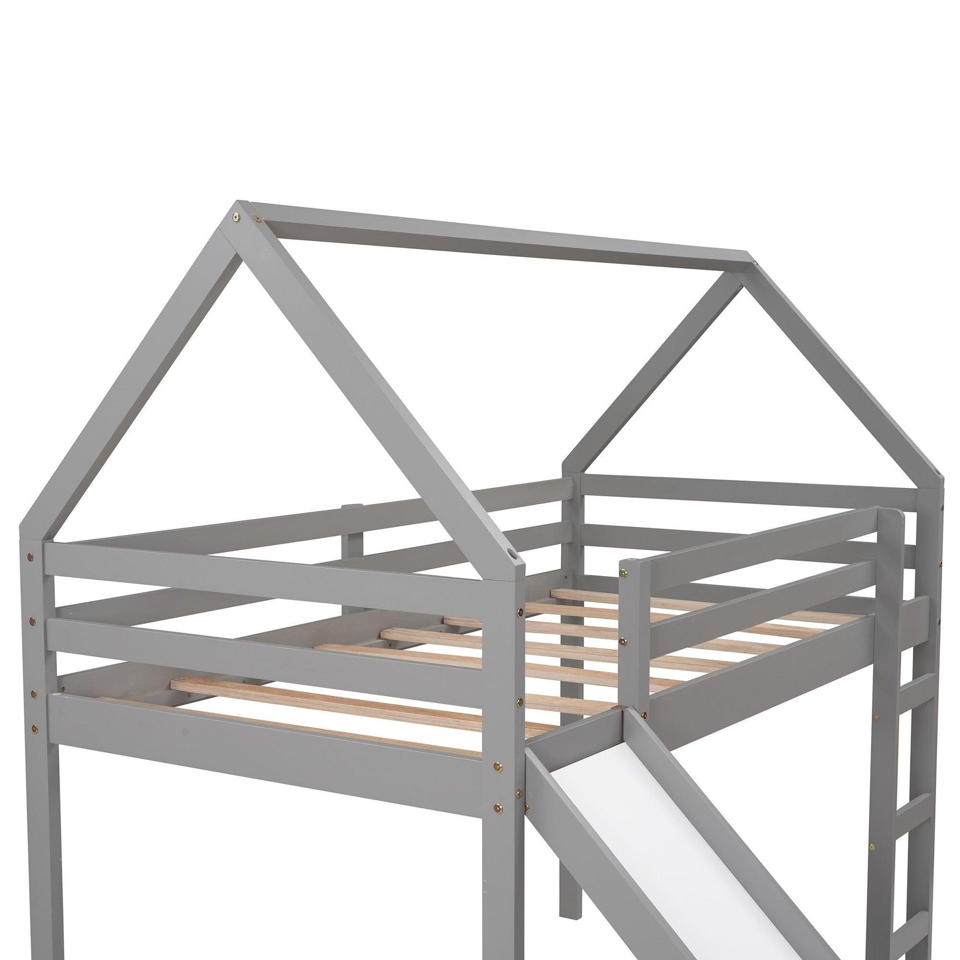 Gray Twin Size Slide House Loft Bed - FurniFindUSA