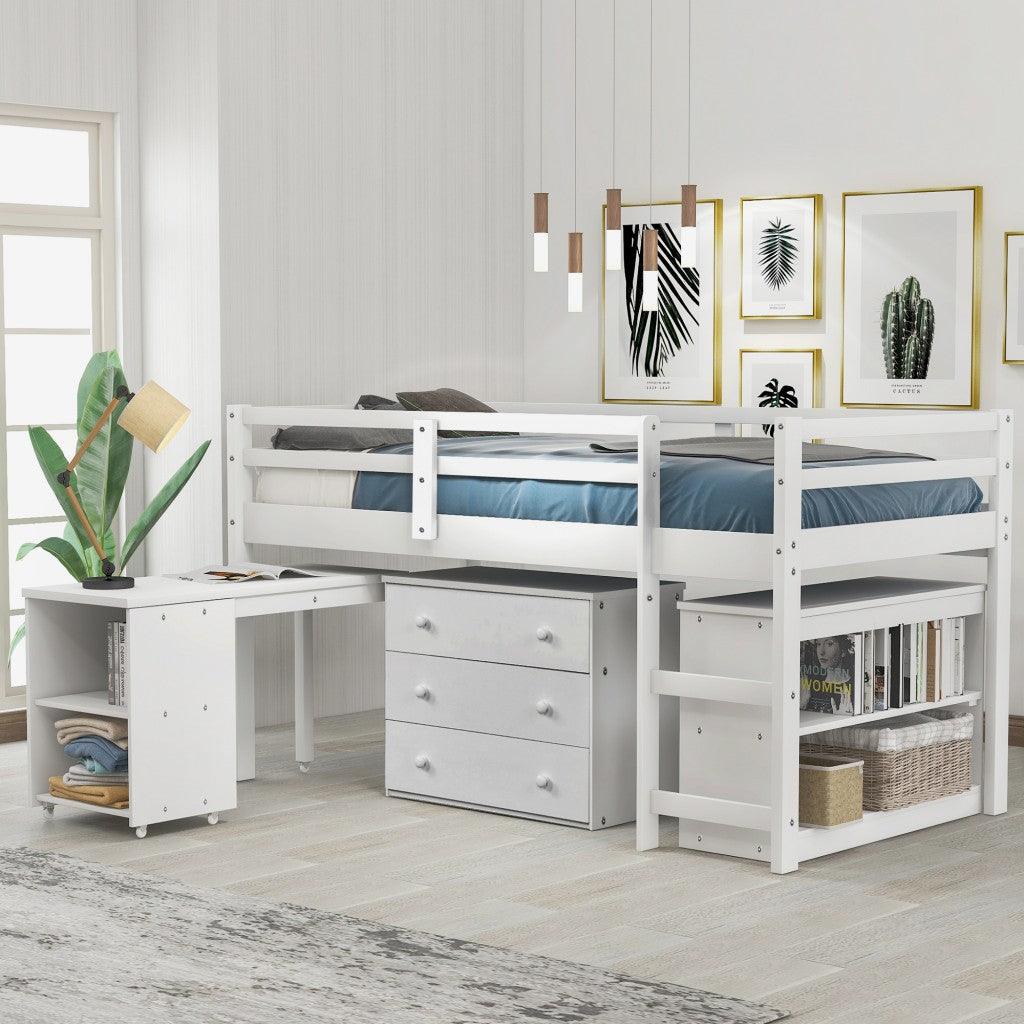 White Low Twin Loft Bed With Cabinet and Desk - FurniFindUSA