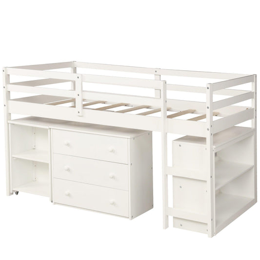 White Low Twin Loft Bed With Cabinet and Desk - FurniFindUSA