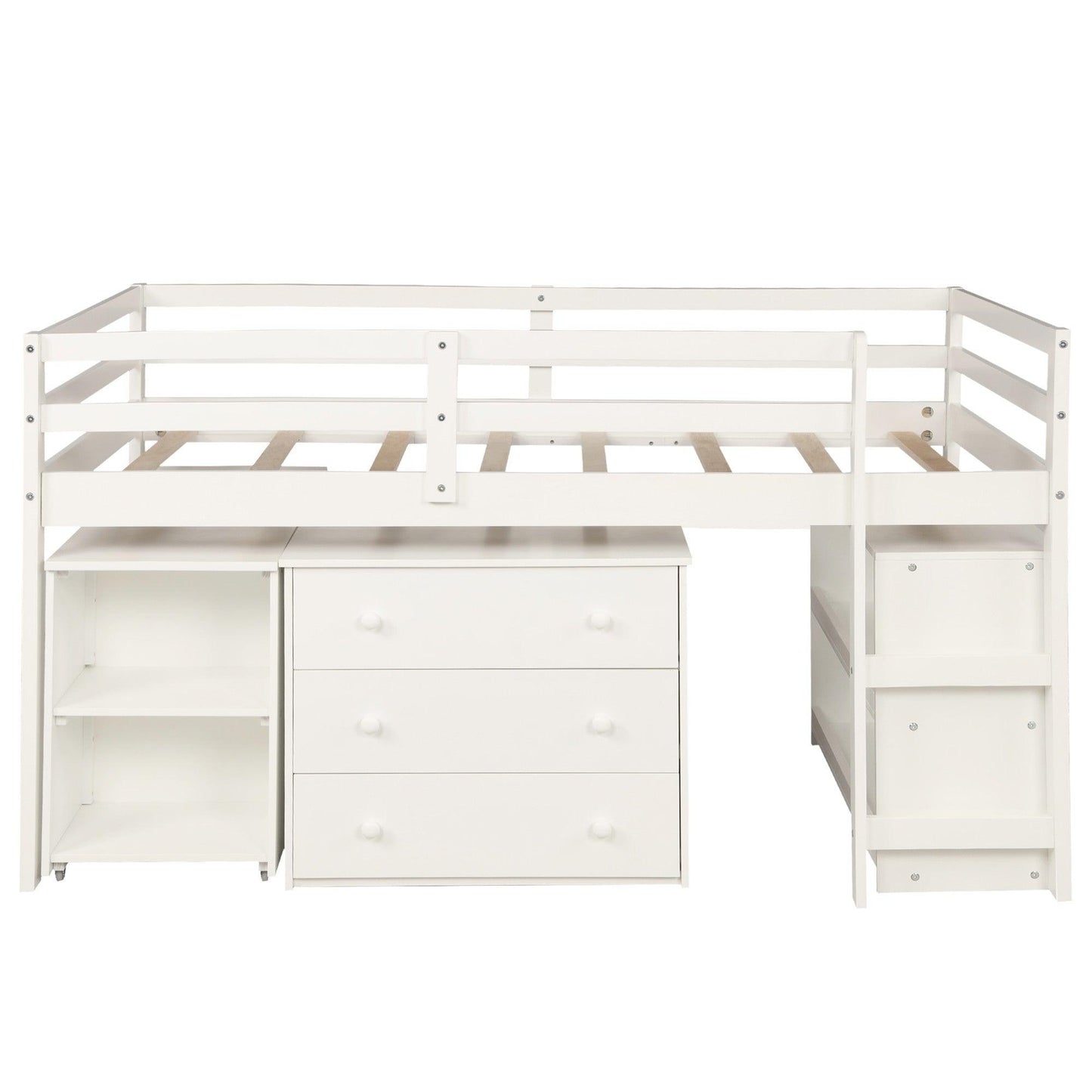 White Low Twin Loft Bed With Cabinet and Desk - FurniFindUSA