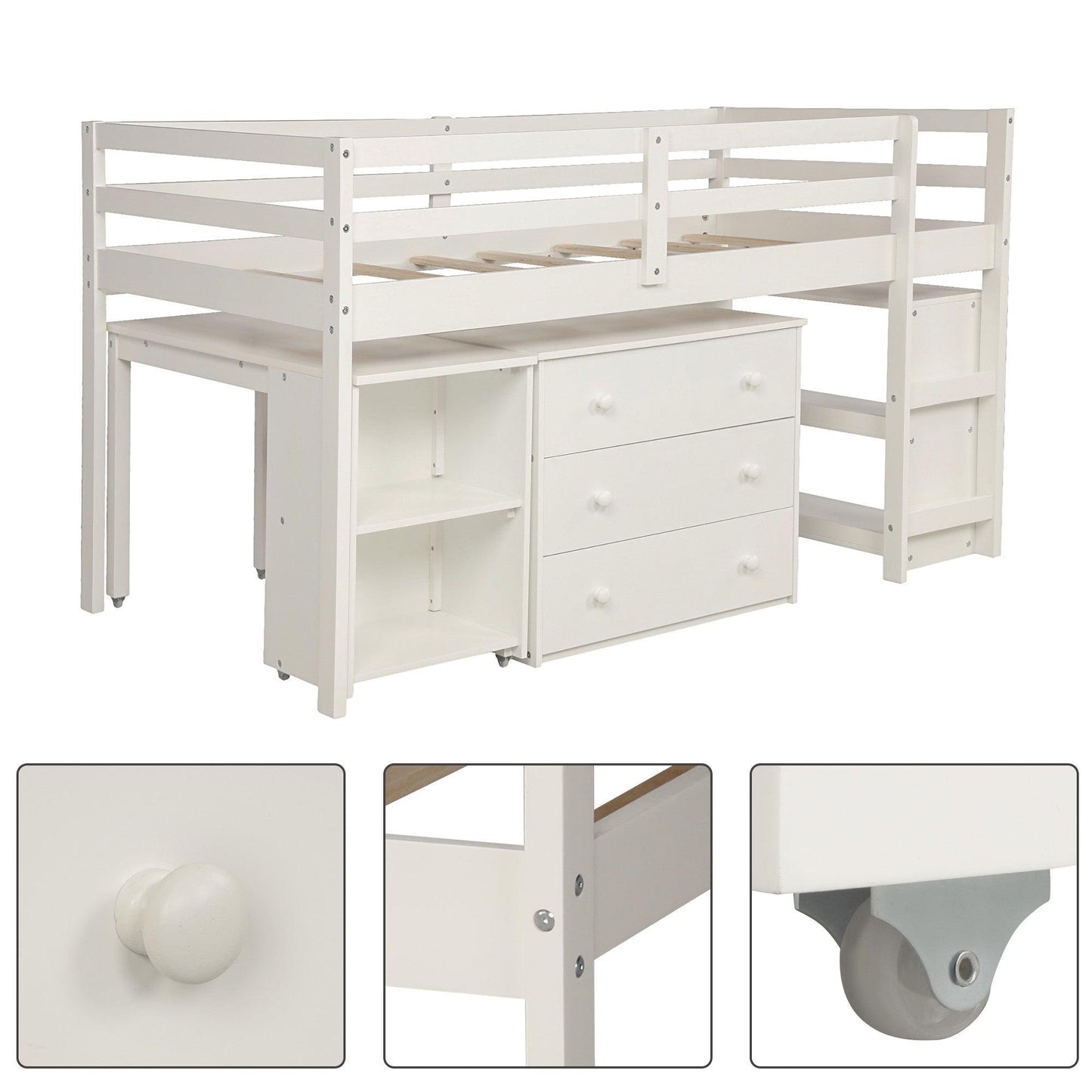 White Low Twin Loft Bed With Cabinet and Desk - FurniFindUSA