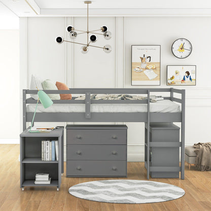 Gray Low Twin Loft Bed With Cabinet and Desk - FurniFindUSA