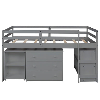 Gray Low Twin Loft Bed With Cabinet and Desk - FurniFindUSA
