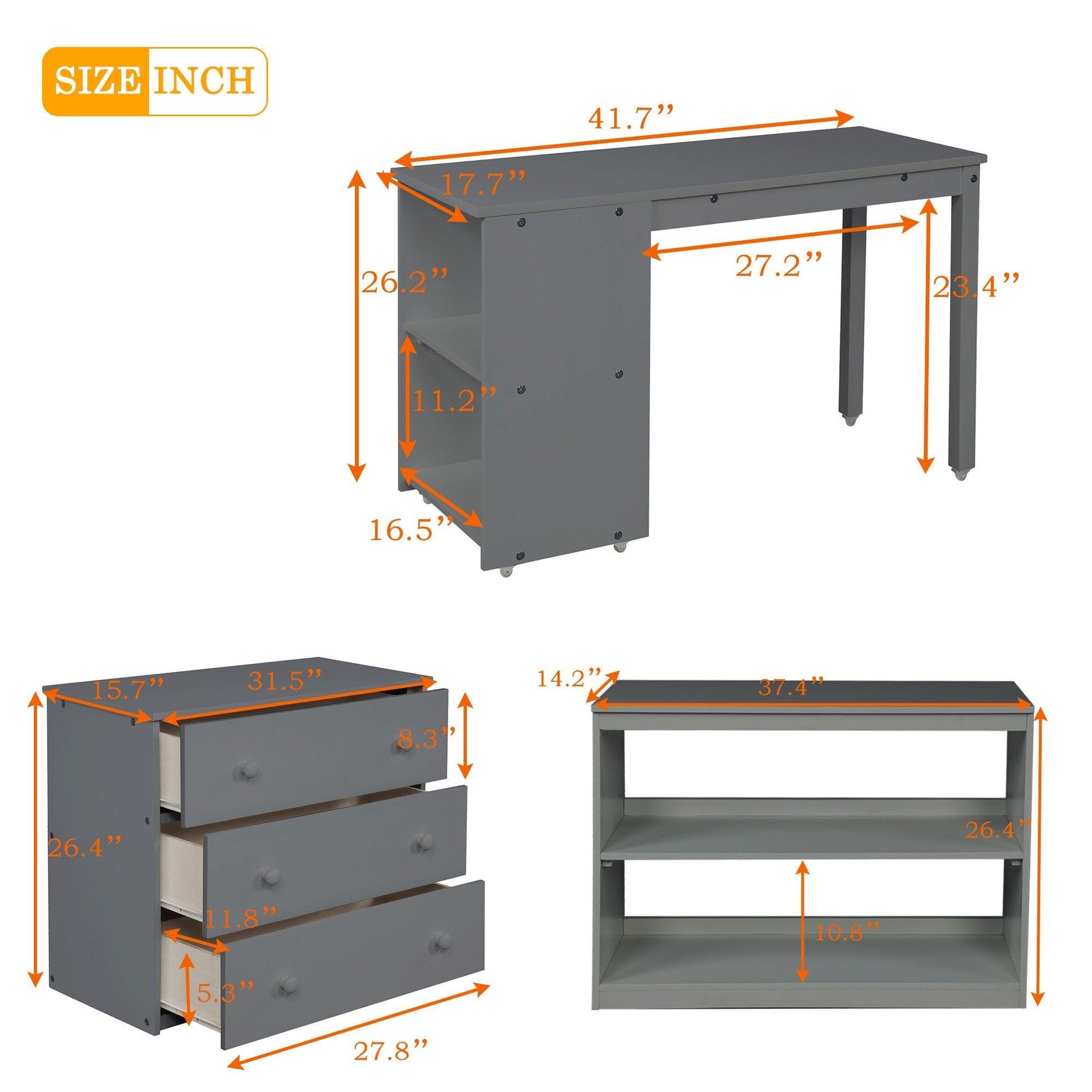 Gray Low Twin Loft Bed With Cabinet and Desk - FurniFindUSA