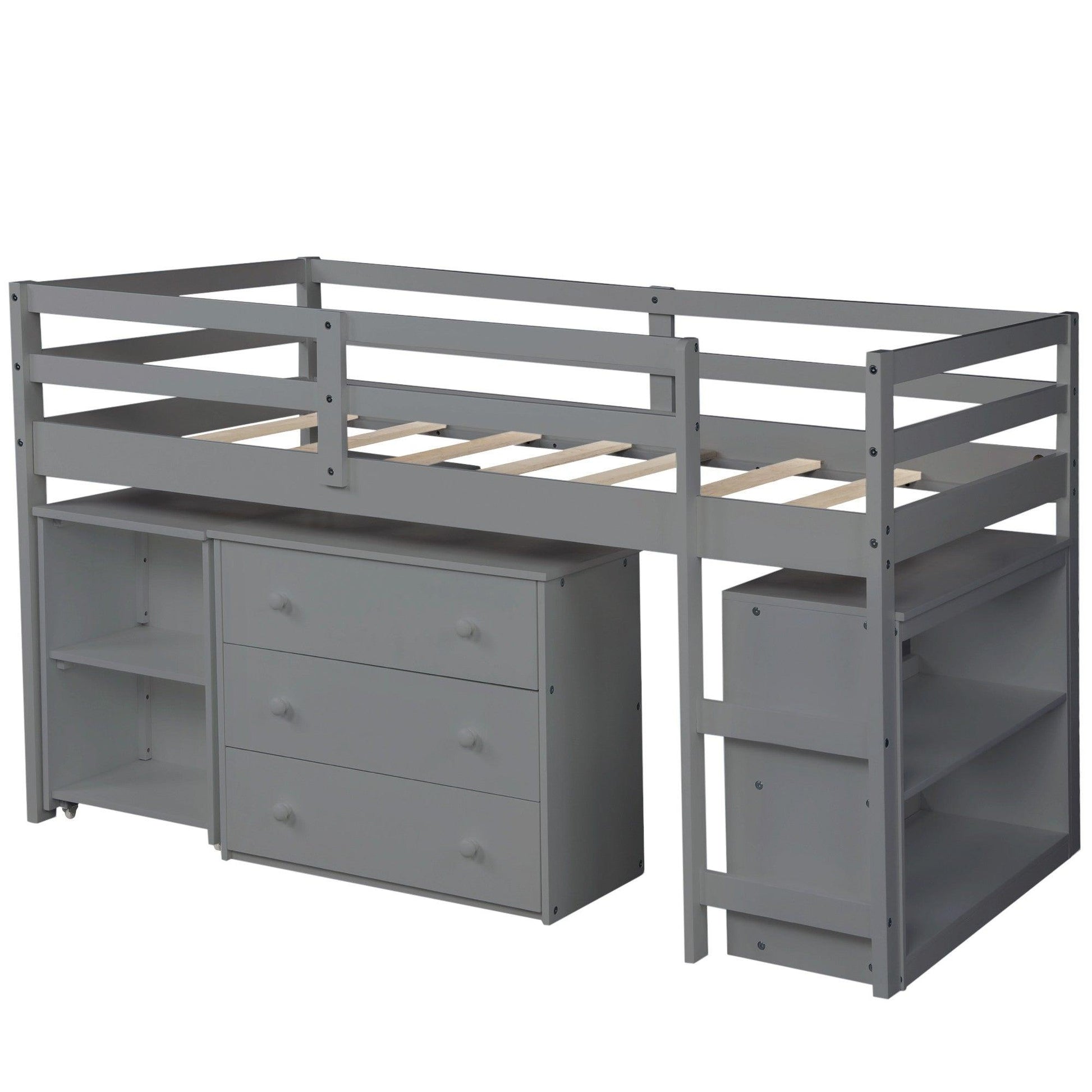 Gray Low Twin Loft Bed With Cabinet and Desk - FurniFindUSA