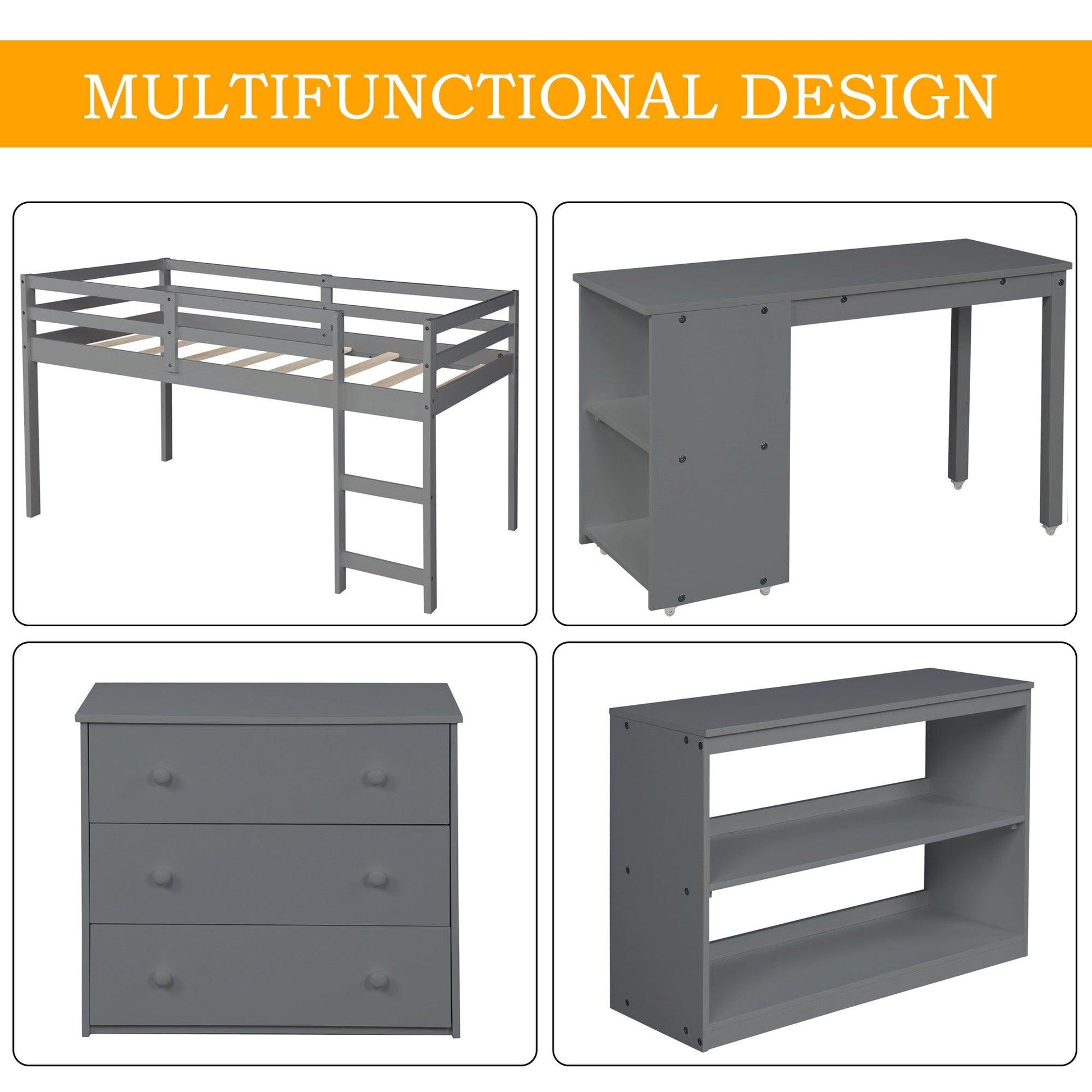 Gray Low Twin Loft Bed With Cabinet and Desk - FurniFindUSA