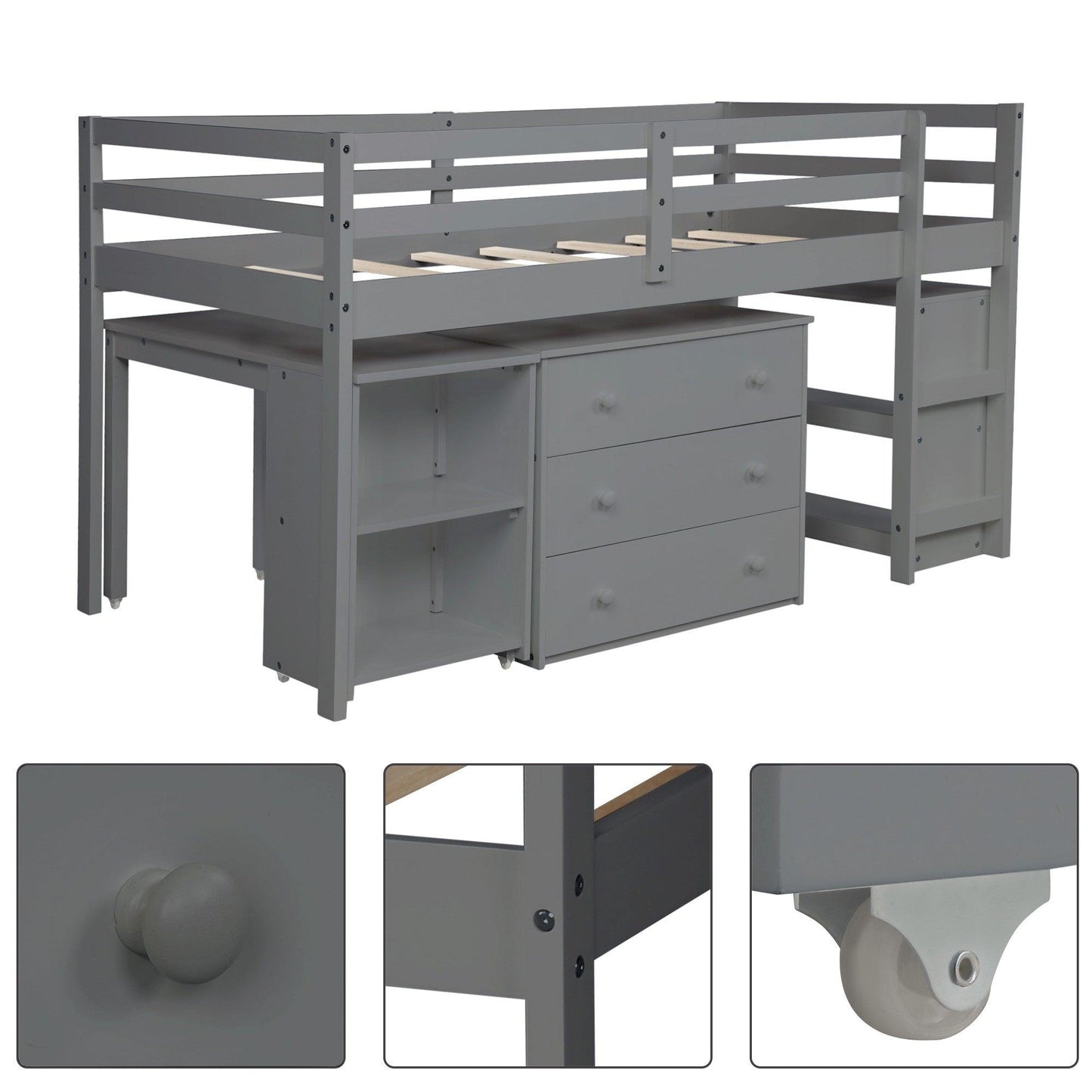 Gray Low Twin Loft Bed With Cabinet and Desk - FurniFindUSA