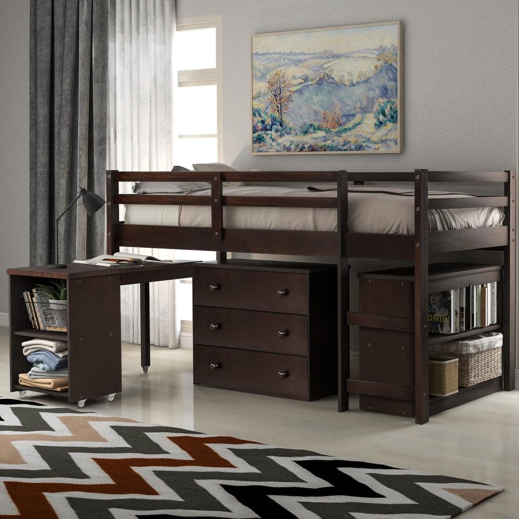 Brown Low Twin Loft Bed With Cabinet and Desk - FurniFindUSA