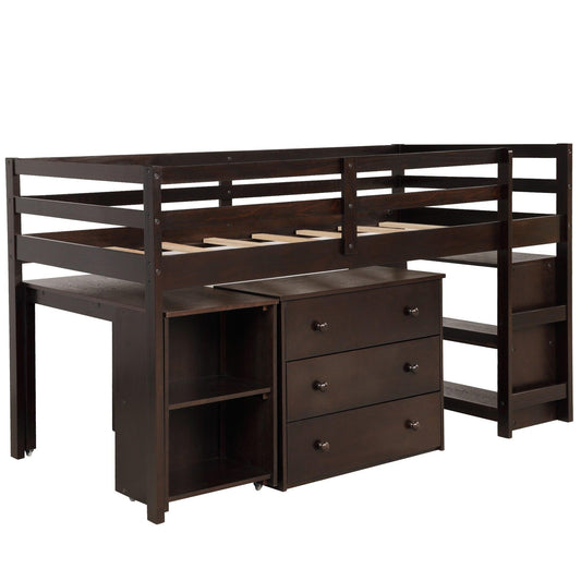 Brown Low Twin Loft Bed With Cabinet and Desk - FurniFindUSA