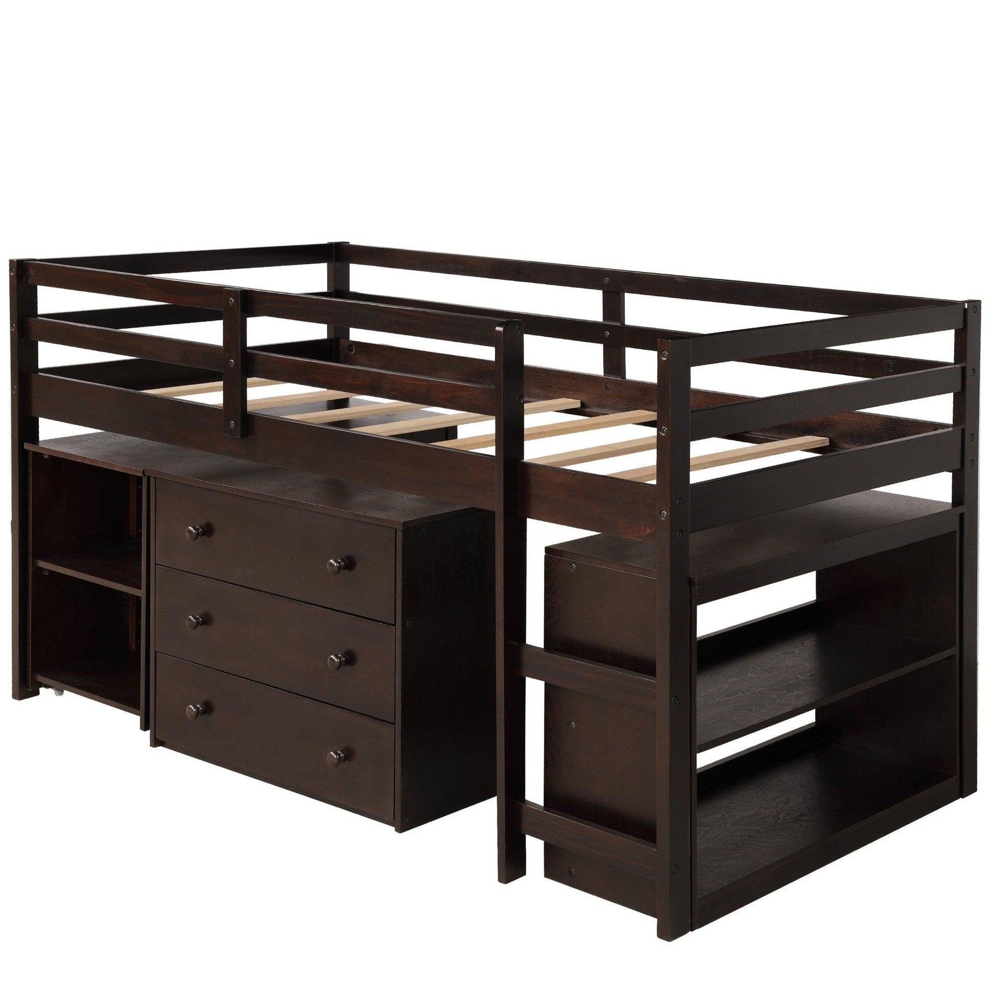 Brown Low Twin Loft Bed With Cabinet and Desk - FurniFindUSA