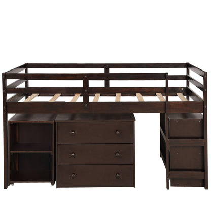 Brown Low Twin Loft Bed With Cabinet and Desk - FurniFindUSA
