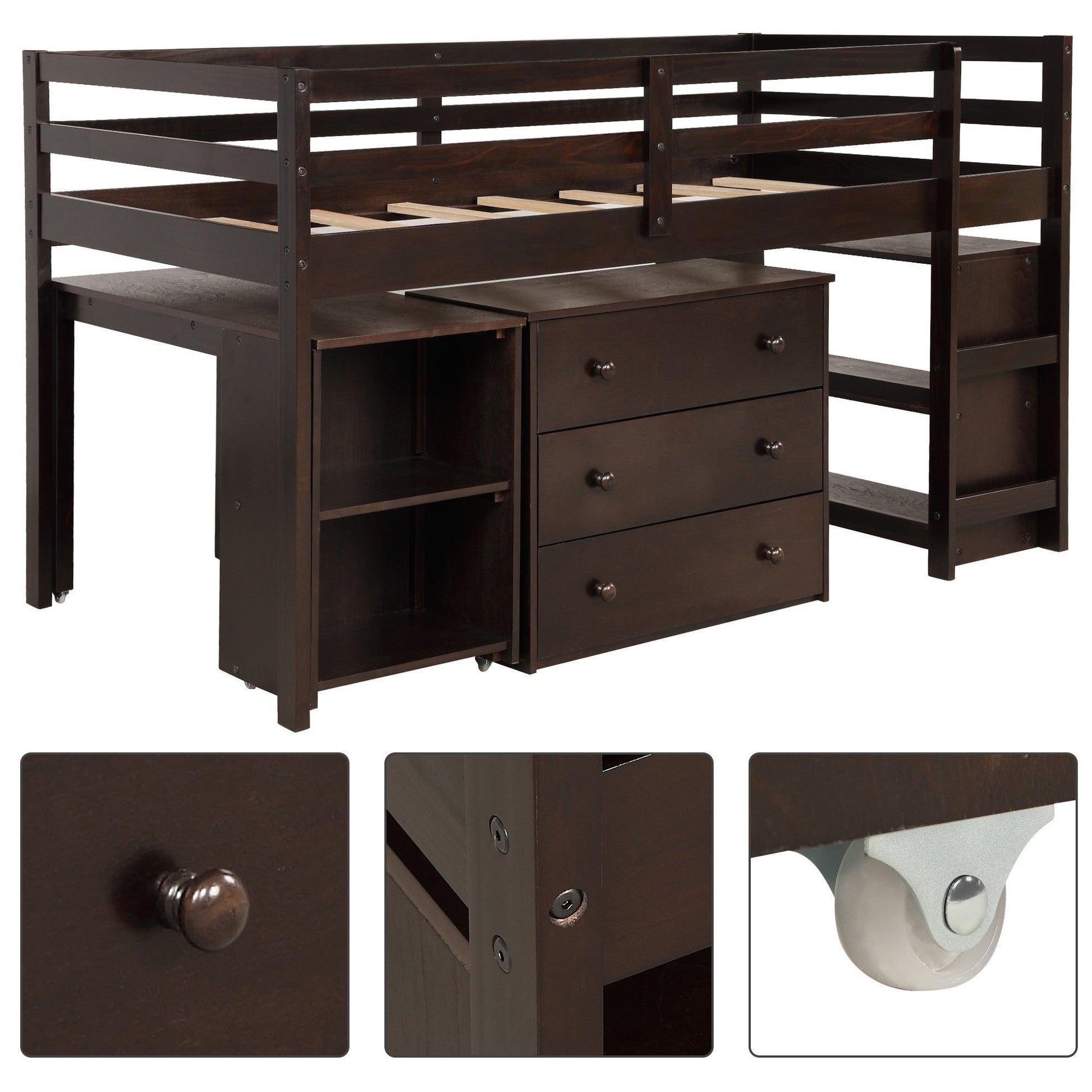 Brown Low Twin Loft Bed With Cabinet and Desk - FurniFindUSA