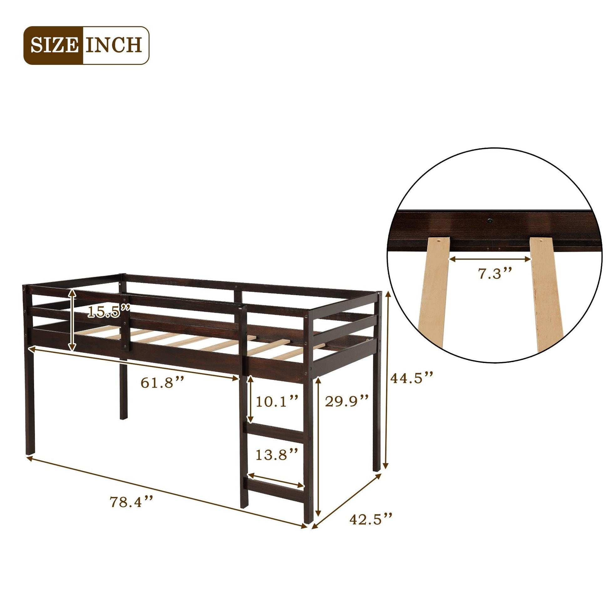 Brown Low Twin Loft Bed With Cabinet and Desk - FurniFindUSA