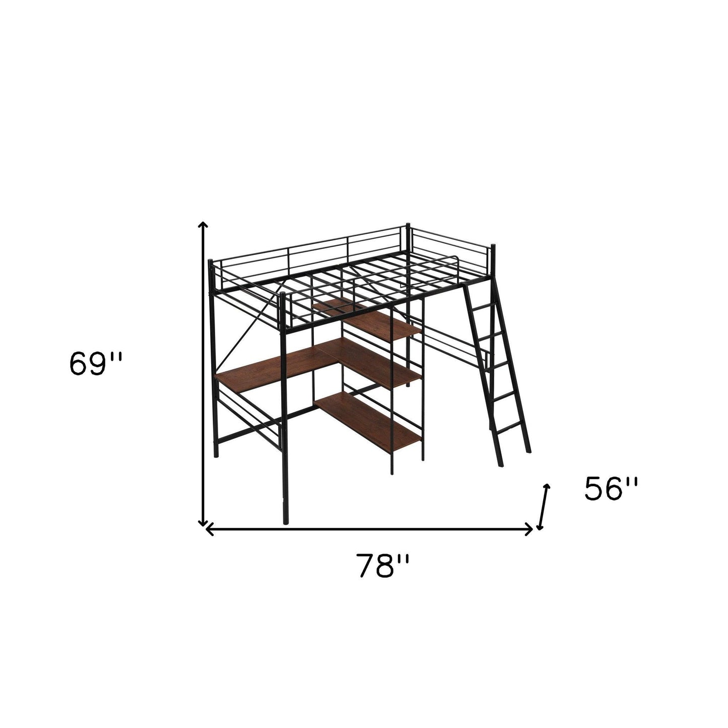 Black Twin Size Metal Loft Bed With Desk and Shelves - FurniFindUSA