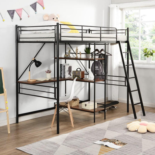 Black Twin Size Metal Loft Bed With Desk and Shelves - FurniFindUSA