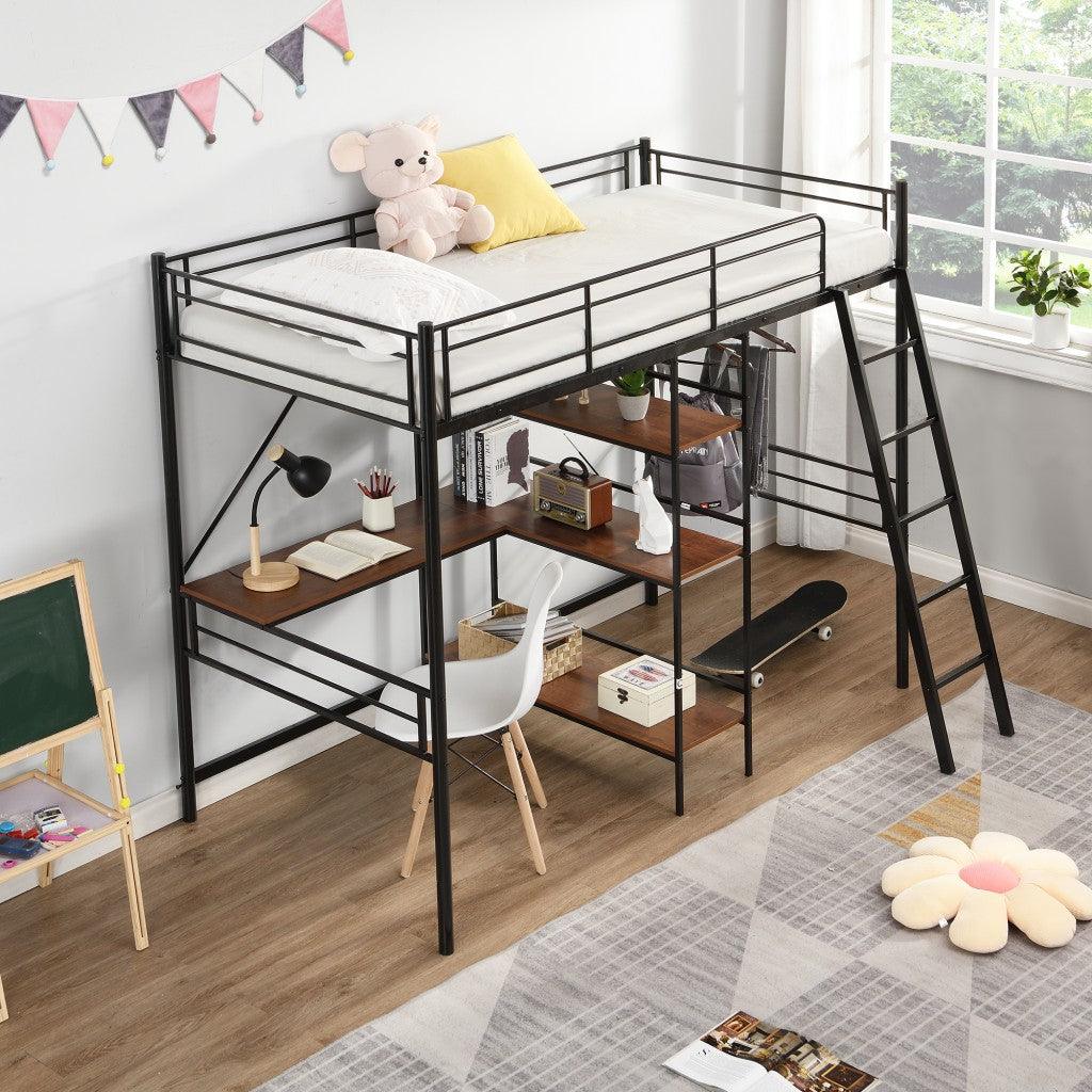 Black Twin Size Metal Loft Bed With Desk and Shelves - FurniFindUSA