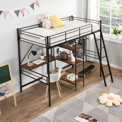 Black Twin Size Metal Loft Bed With Desk and Shelves - FurniFindUSA