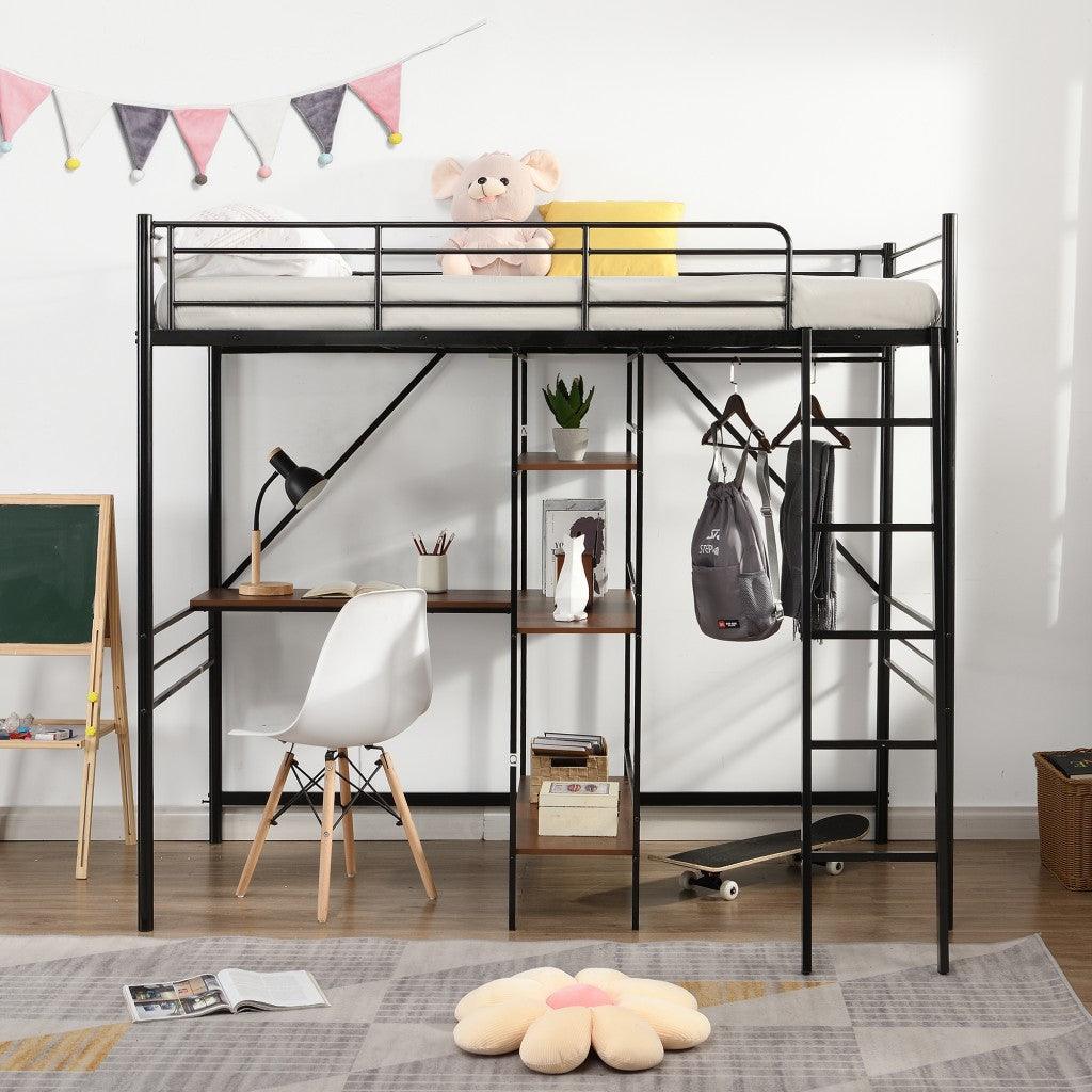Black Twin Size Metal Loft Bed With Desk and Shelves - FurniFindUSA
