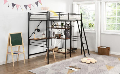 Black Twin Size Metal Loft Bed With Desk and Shelves - FurniFindUSA