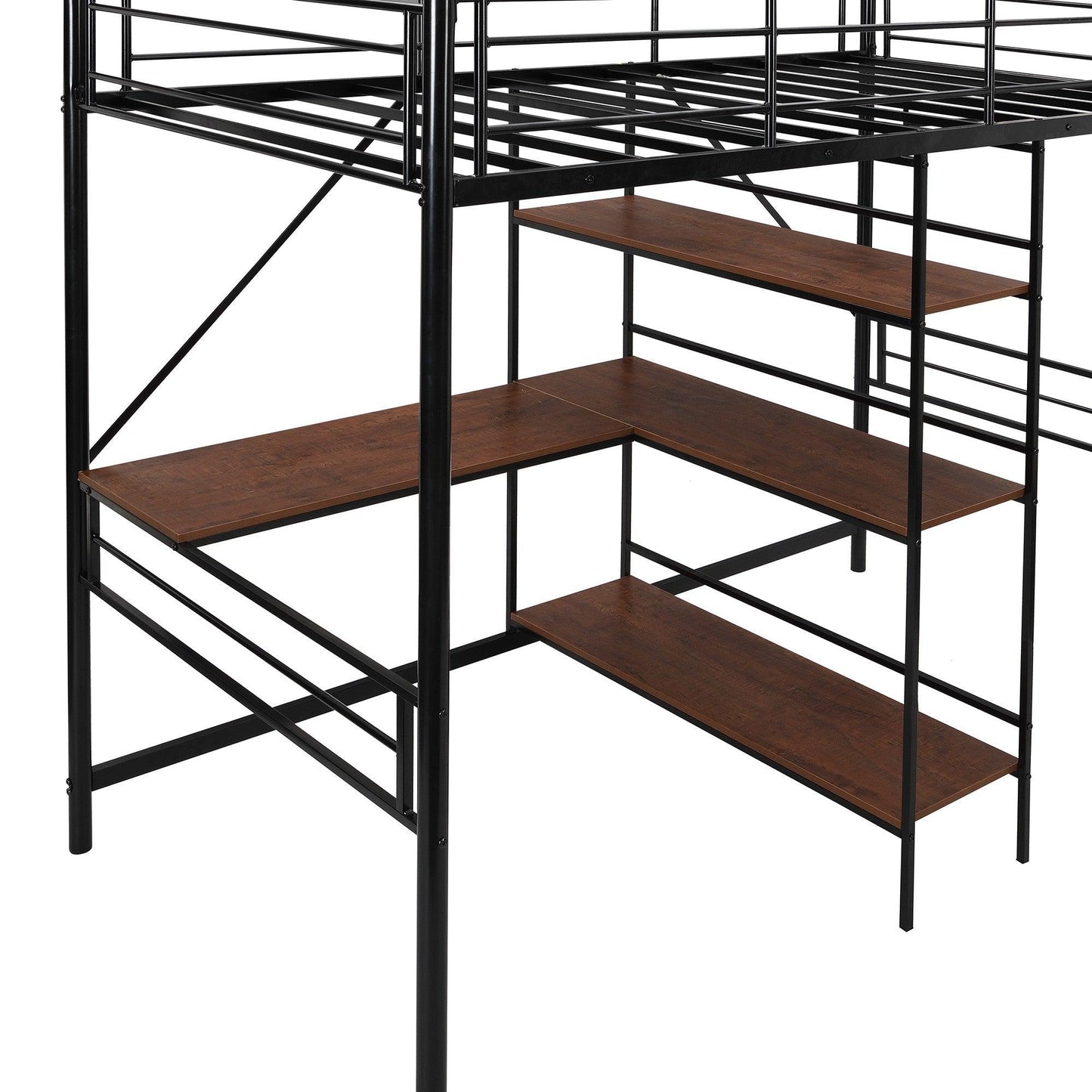 Black Twin Size Metal Loft Bed With Desk and Shelves - FurniFindUSA