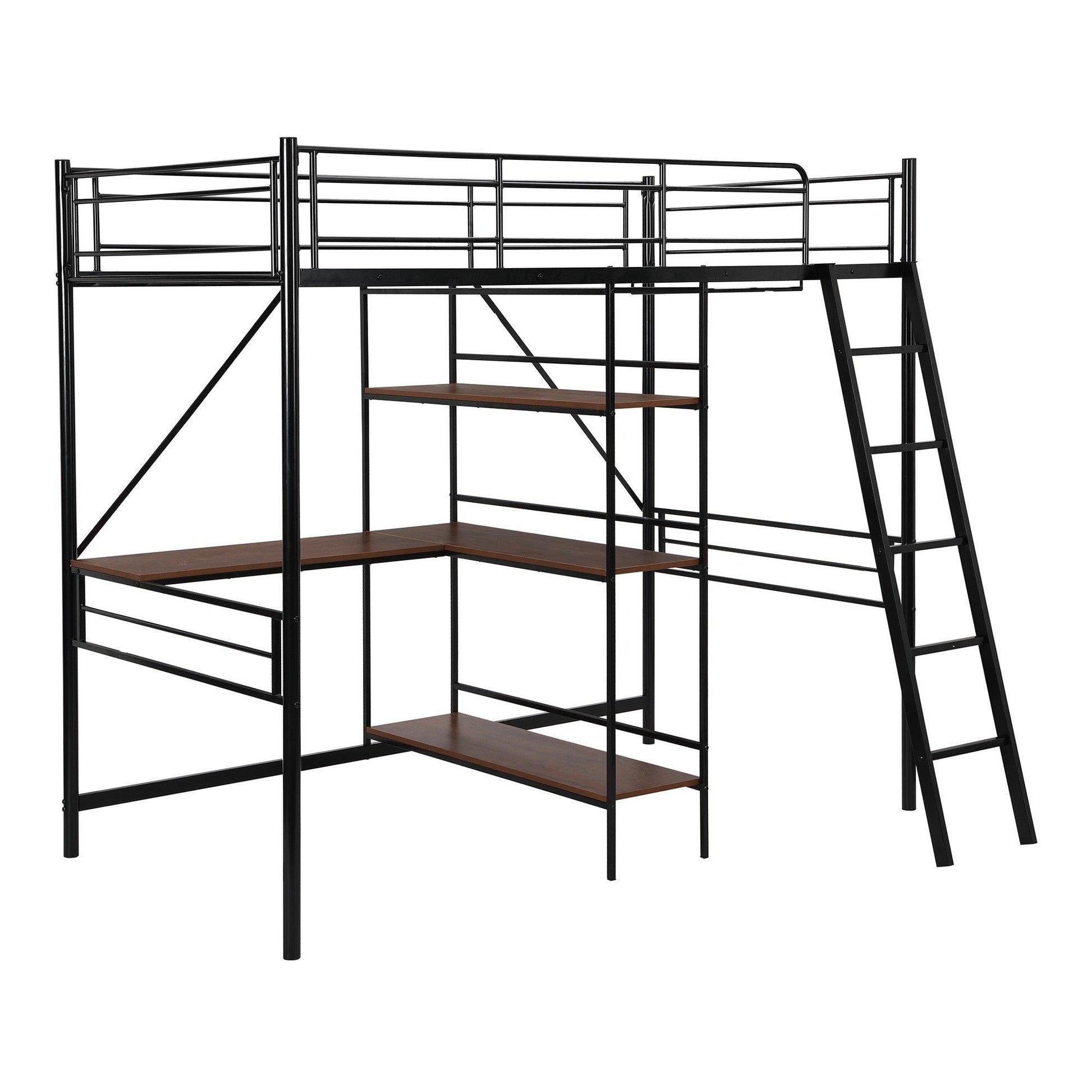 Black Twin Size Metal Loft Bed With Desk and Shelves - FurniFindUSA