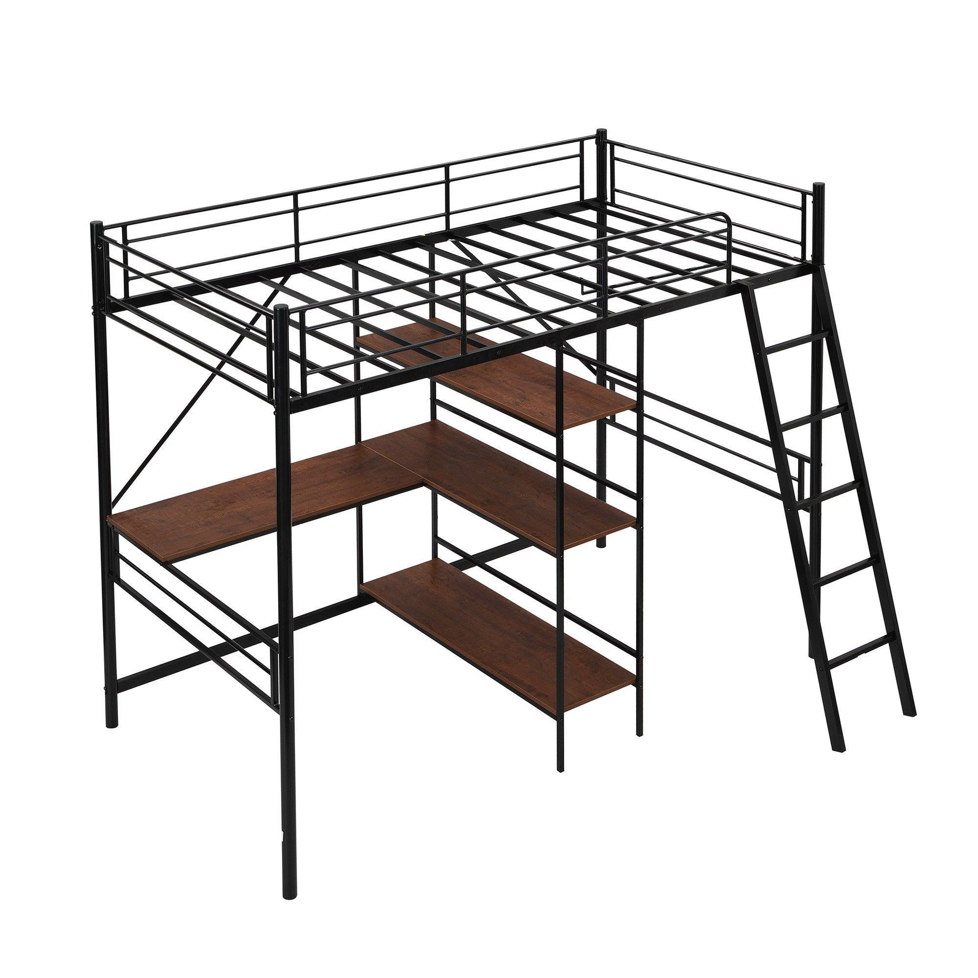 Black Twin Size Metal Loft Bed With Desk and Shelves - FurniFindUSA