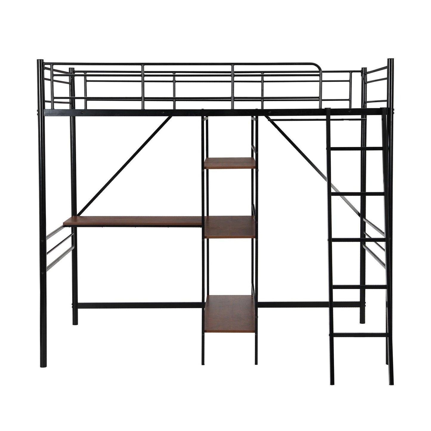 Black Twin Size Metal Loft Bed With Desk and Shelves - FurniFindUSA