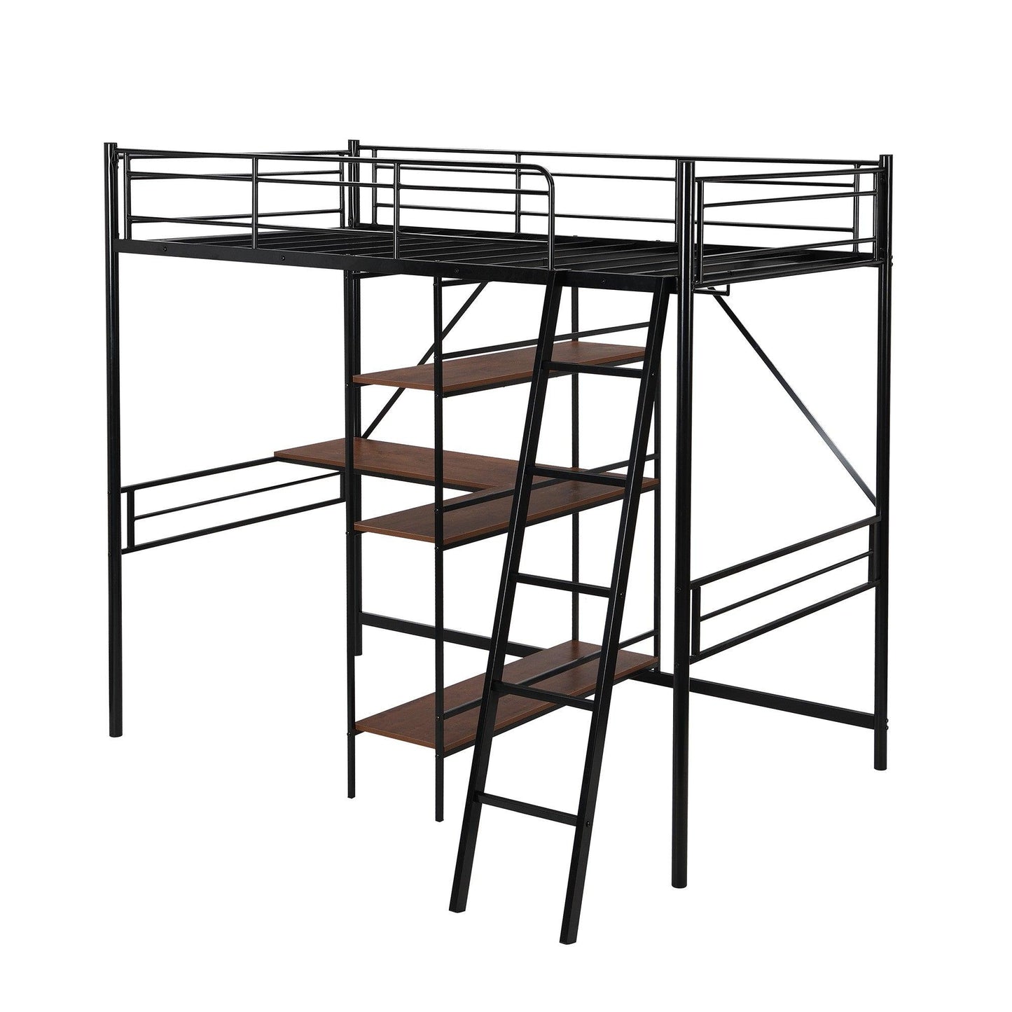 Black Twin Size Metal Loft Bed With Desk and Shelves - FurniFindUSA