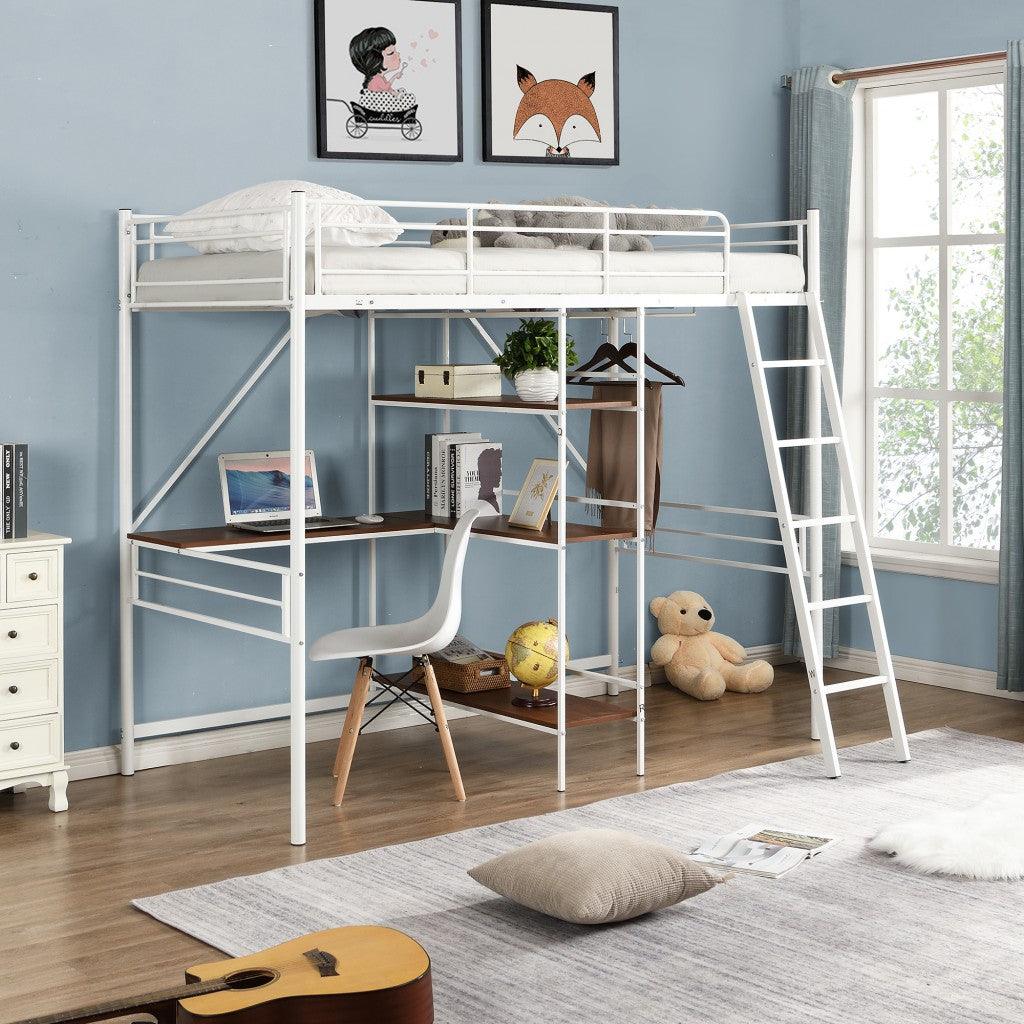 White Twin Size Metal Loft Bed With Desk and Shelves - FurniFindUSA
