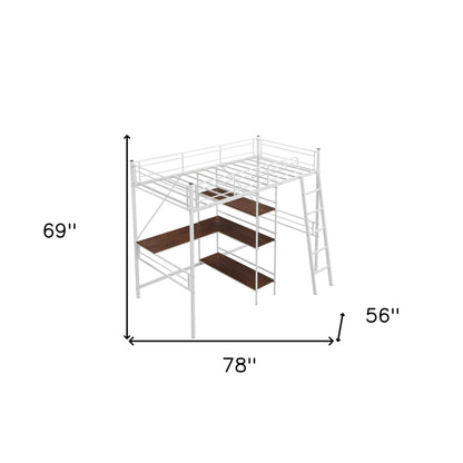 White Twin Size Metal Loft Bed With Desk and Shelves - FurniFindUSA