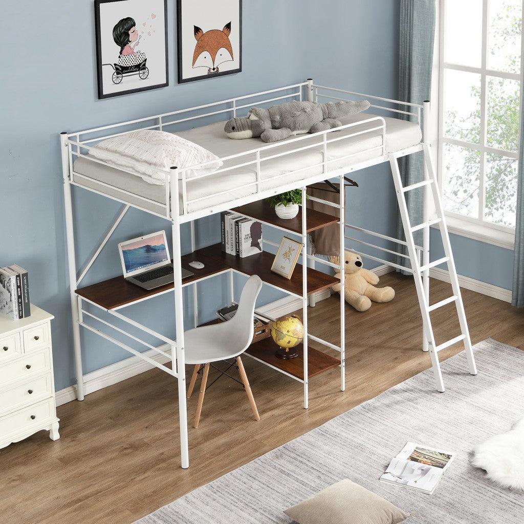 White Twin Size Metal Loft Bed With Desk and Shelves - FurniFindUSA