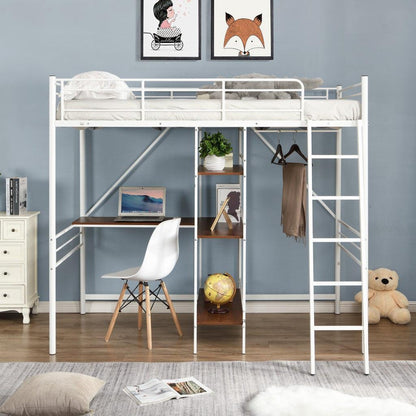White Twin Size Metal Loft Bed With Desk and Shelves - FurniFindUSA