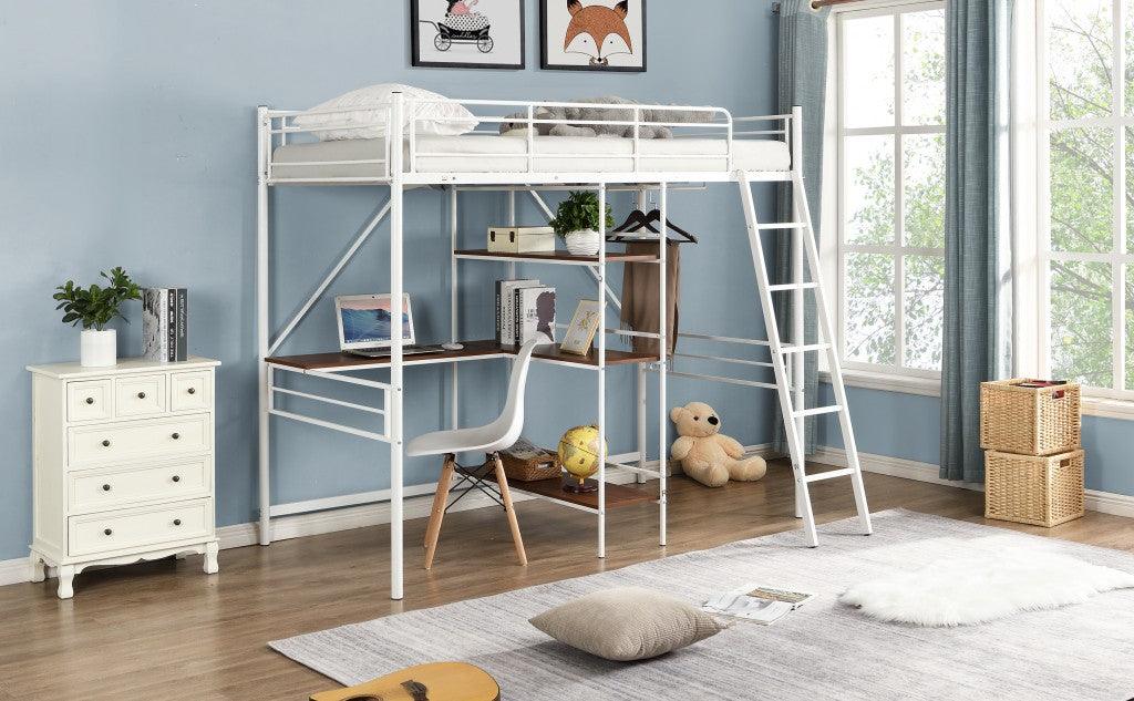 White Twin Size Metal Loft Bed With Desk and Shelves - FurniFindUSA