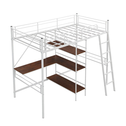 White Twin Size Metal Loft Bed With Desk and Shelves - FurniFindUSA