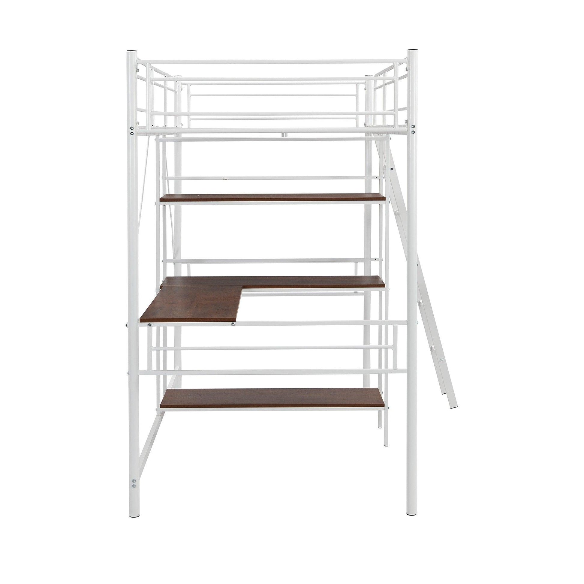 White Twin Size Metal Loft Bed With Desk and Shelves - FurniFindUSA