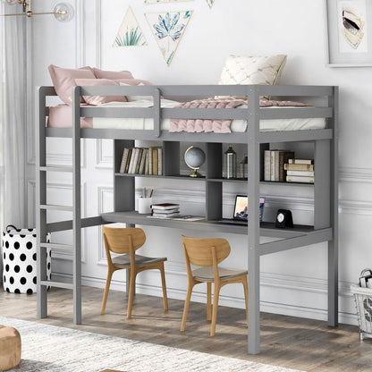 Gray Twin Loft Bed With Desk and Shelves - FurniFindUSA