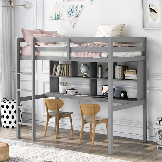Gray Twin Loft Bed With Desk and Shelves - FurniFindUSA