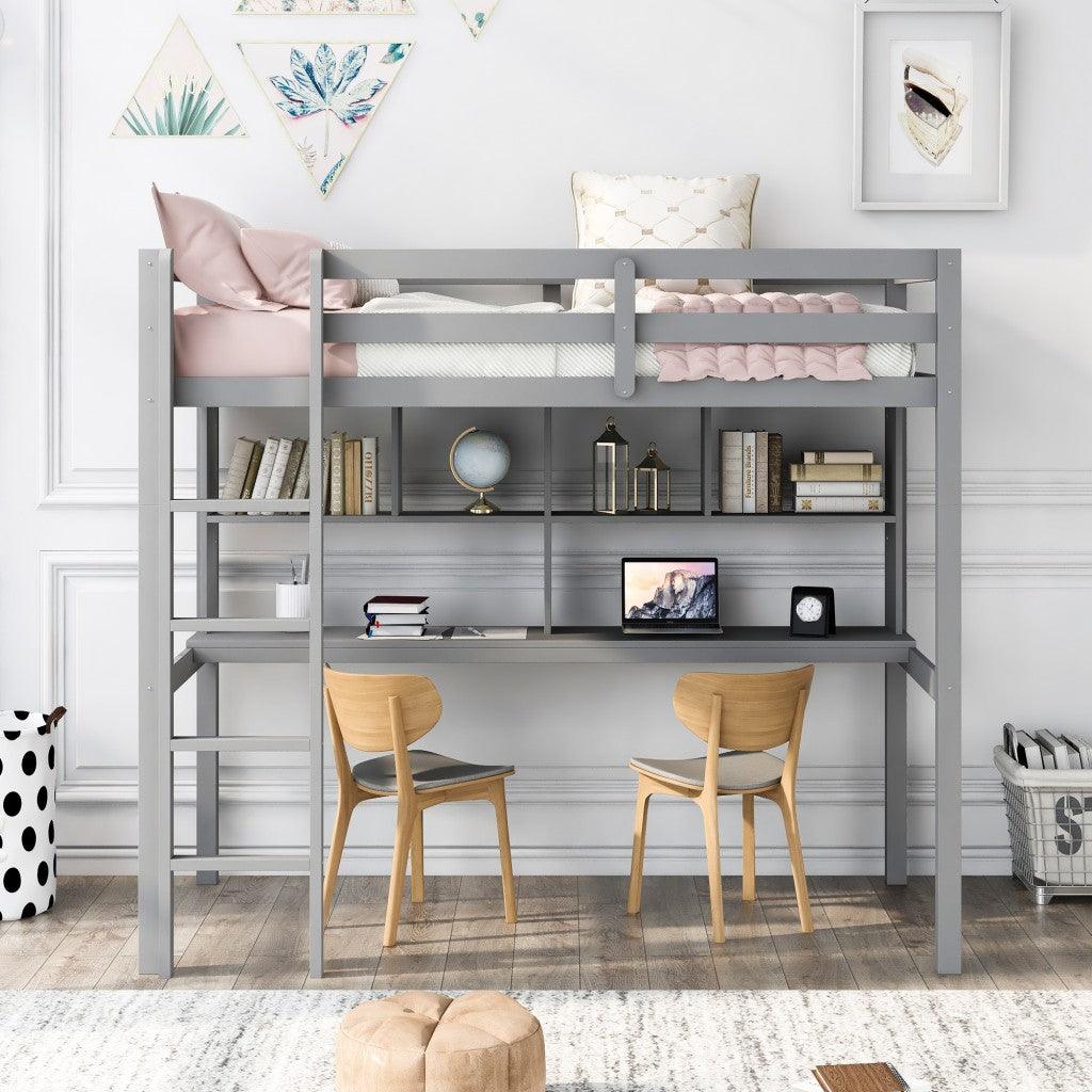 Gray Twin Loft Bed With Desk and Shelves - FurniFindUSA