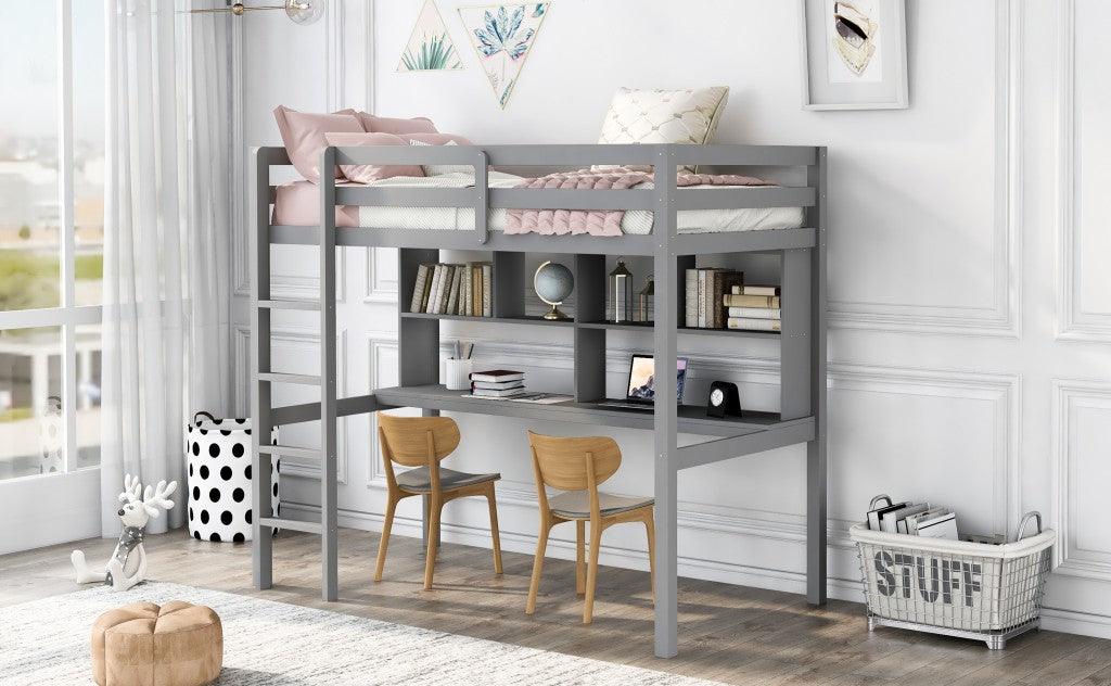 Gray Twin Loft Bed With Desk and Shelves - FurniFindUSA