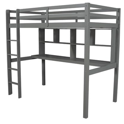 Gray Twin Loft Bed With Desk and Shelves - FurniFindUSA