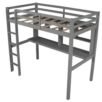 Gray Twin Loft Bed With Desk and Shelves - FurniFindUSA