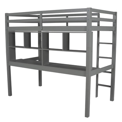 Gray Twin Loft Bed With Desk and Shelves - FurniFindUSA