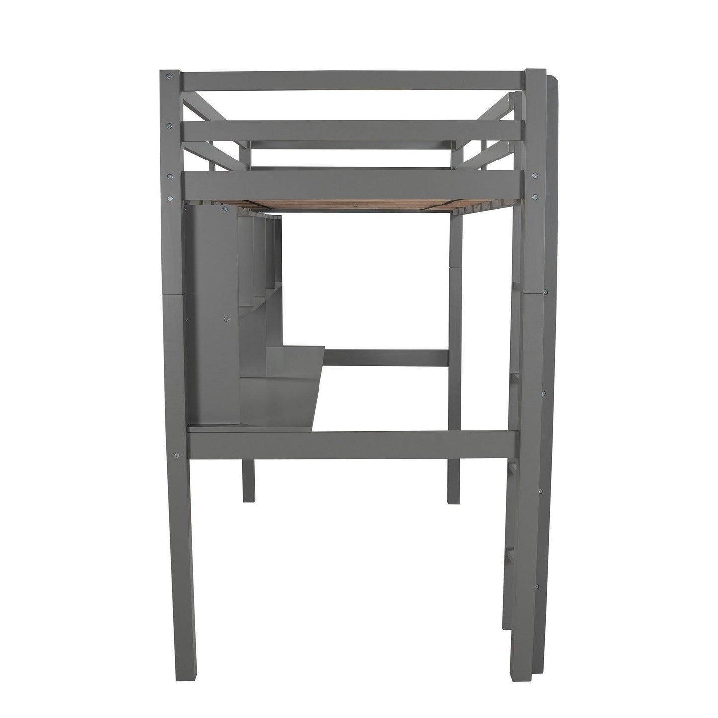 Gray Twin Loft Bed With Desk and Shelves - FurniFindUSA