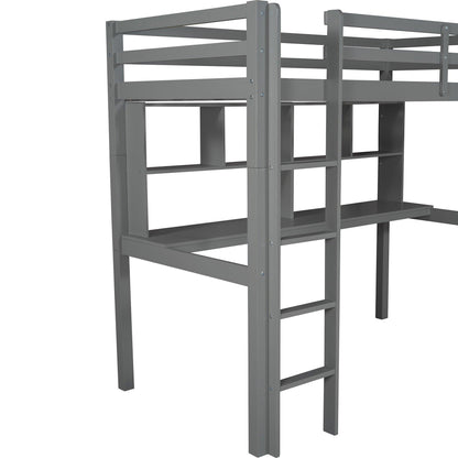 Gray Twin Loft Bed With Desk and Shelves - FurniFindUSA