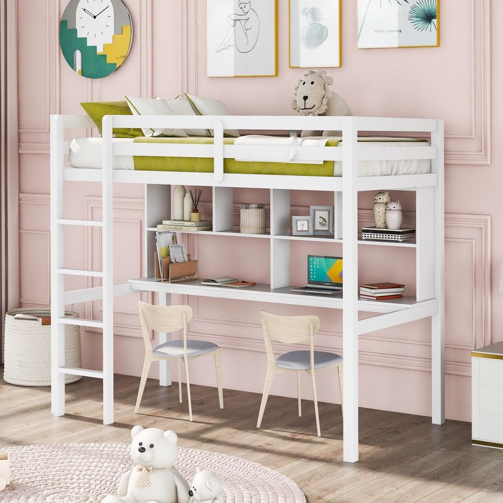 White Twin Loft Bed With Desk and Shelves - FurniFindUSA