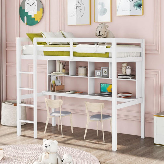 White Twin Loft Bed With Desk and Shelves - FurniFindUSA