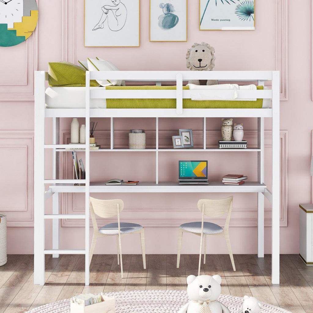 White Twin Loft Bed With Desk and Shelves - FurniFindUSA