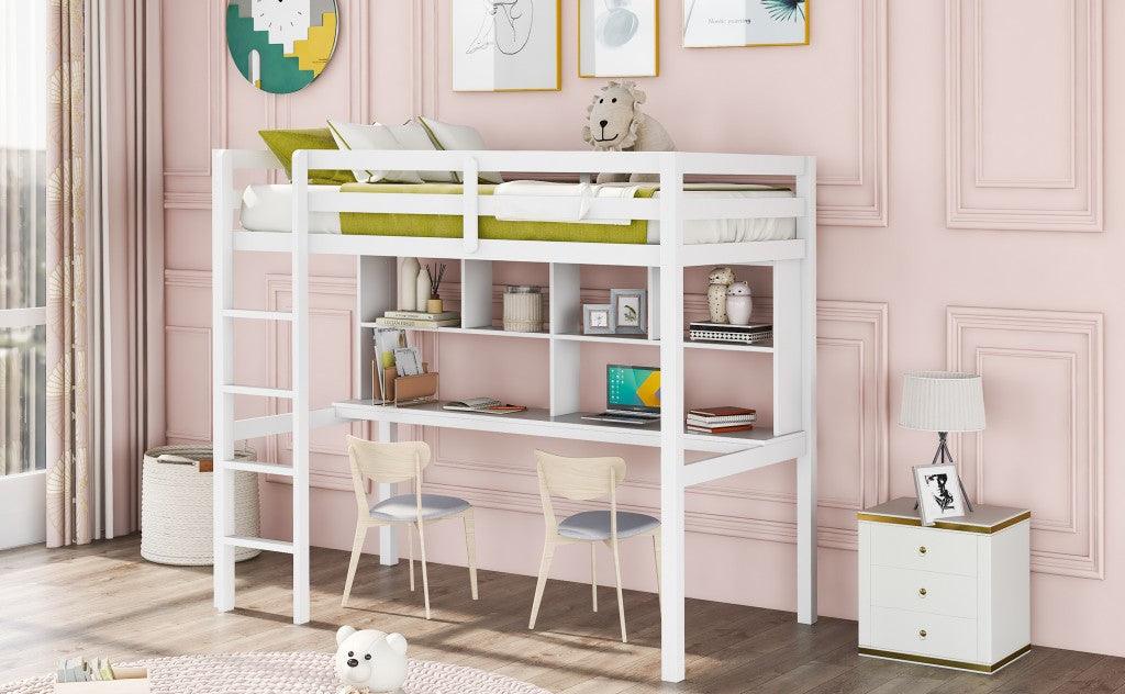 White Twin Loft Bed With Desk and Shelves - FurniFindUSA